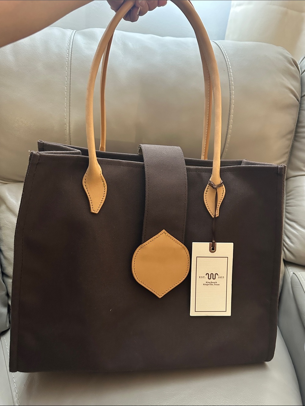 King Ranch Large Size Leather-Trim Brown Tote Bag with Tan Handles NWT